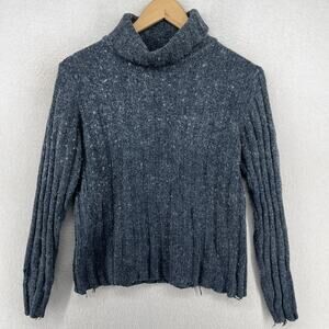 LL BEAN Sweater Womens M Silk Cotton Lambswool Turtleneck Speckled Ribbed Blue